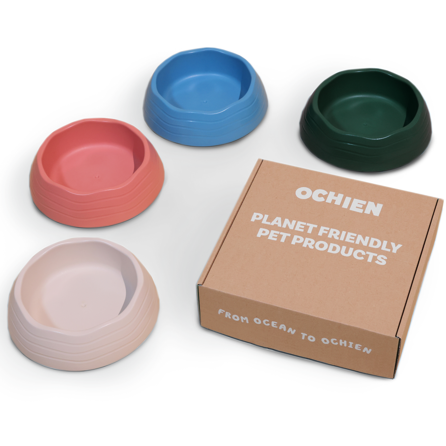 Complete view of the Recycled Ocean Plastic Dog Bowl showcasing four bowls in different colors.