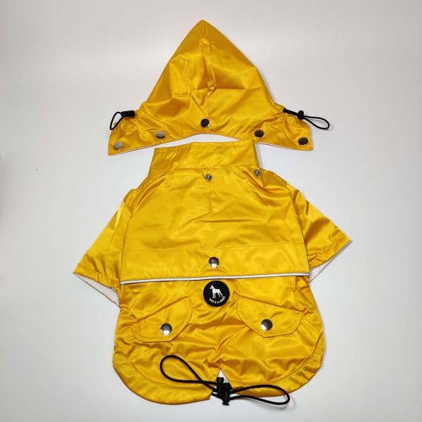 Back view of the Yellow 'Buddy' Dog Raincoat highlighting the hood and secure fit.