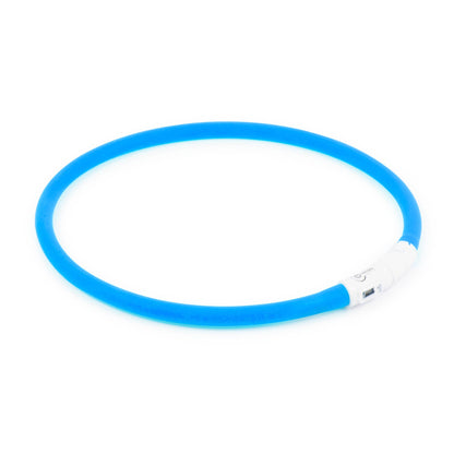 A close-up of a blue dog collar LED light, featuring rechargeable USB functionality and multiple flashing modes for nighttime safety.