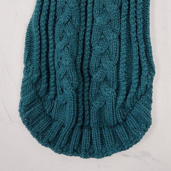 Bottom view of the Cable Knitted Dog Turquoise Jumper displaying stitch quality and reinforced edges.