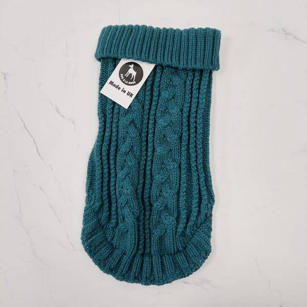  Front view of the Cable Knitted Dog Turquoise Jumper showcasing its detailed knit pattern and cozy fit.