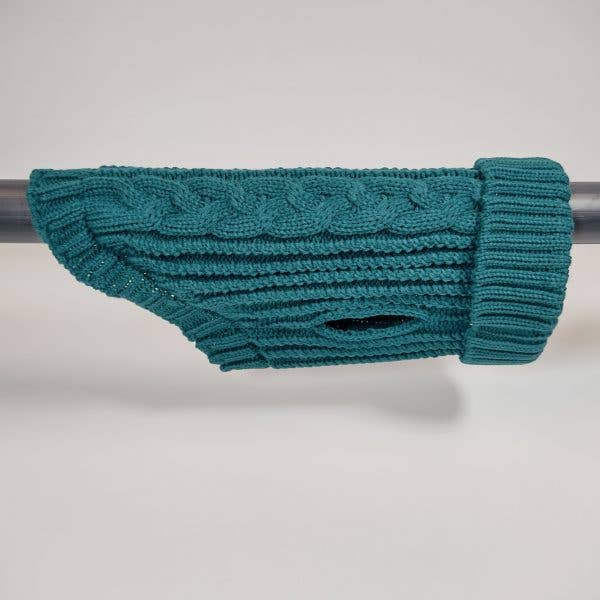 Side view of the Cable Knitted Dog Turquoise Jumper featuring its snug fit and stylish design.