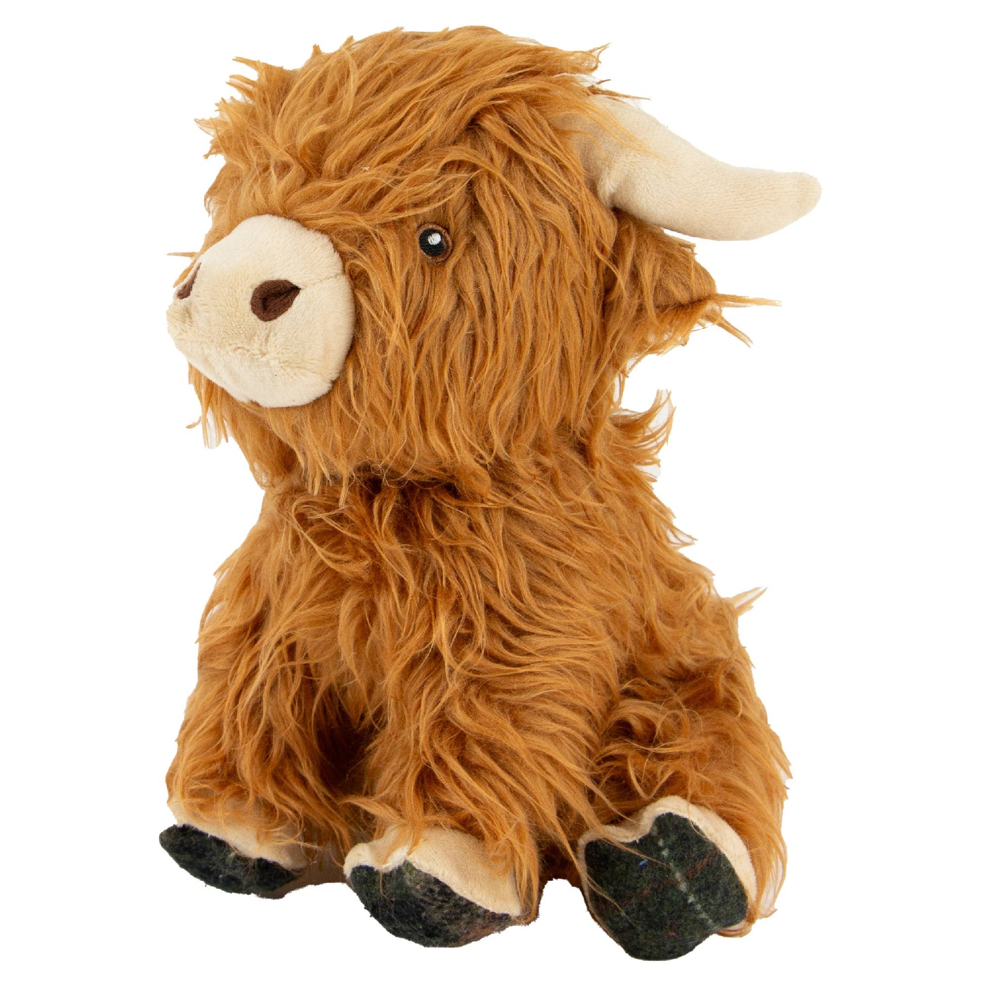 Soft and durable Highland cow plush dog toy, perfect for cuddling and gentle play. Made with high-quality plush and recycled stuffing for comfort.