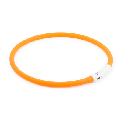Vibrant orange LED collar dog accessory with water-resistant material and adjustable size for comfort and visibility.