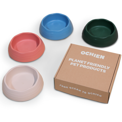Complete view of the Recycled Ocean Plastic Dog Bowl showcasing four bowls in different colors.