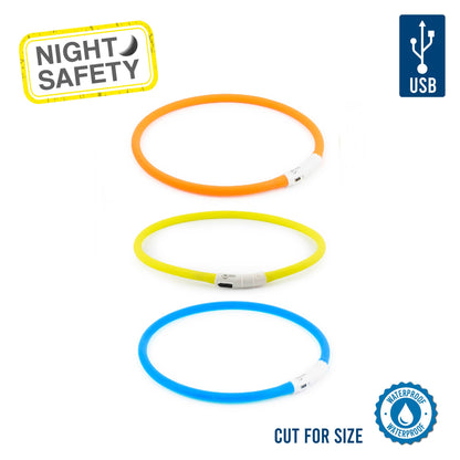A display of three LED dog collars in orange, yellow, and blue, offering stylish and functional safety options for pet owners.