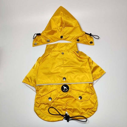  Back view of the Yellow 'Buddy' Dog Raincoat highlighting the hood and secure fit.

