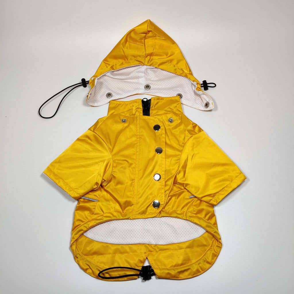 View of the Yellow 'Buddy' Dog Raincoat with the hood up highlighting full protection.